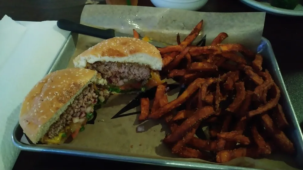 Bacon Cheddar Burger and Sweet Potato Fries